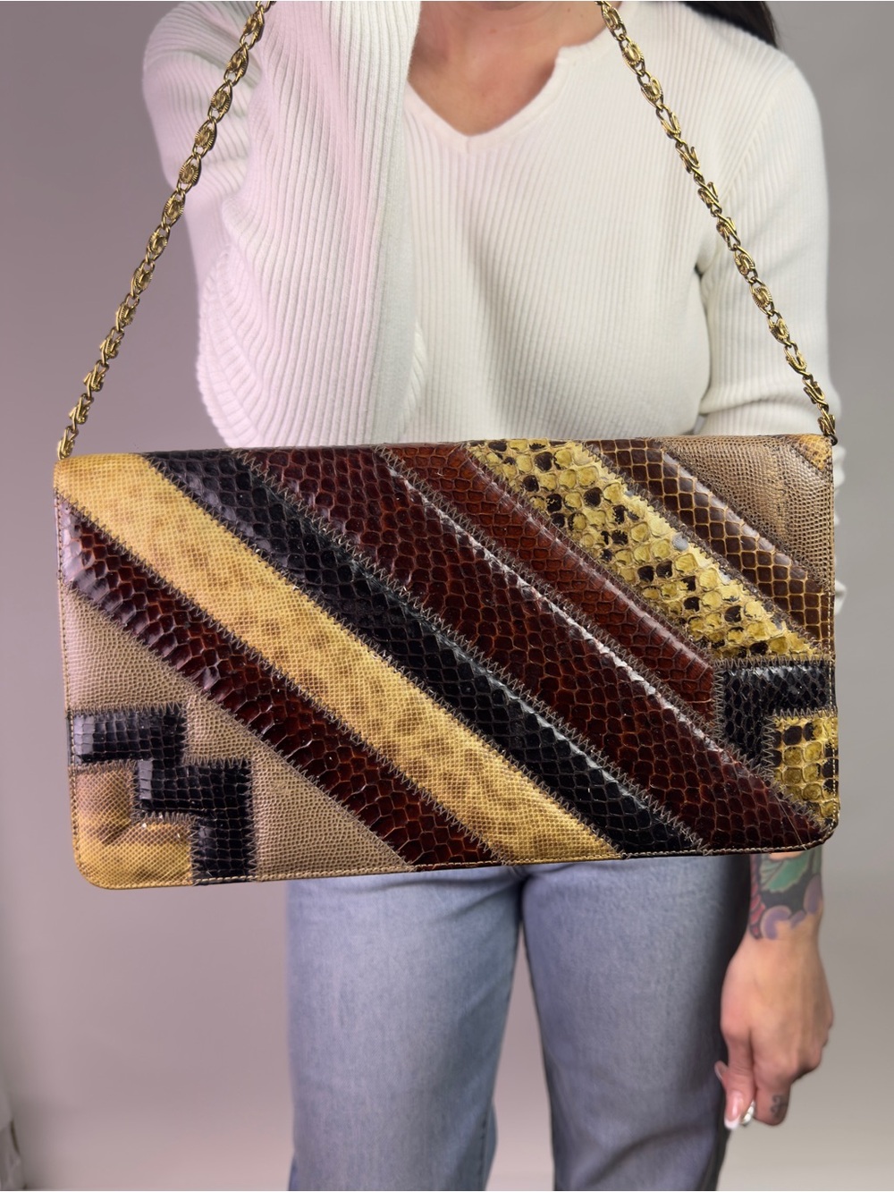 Vintage Patchwork Python Snakeskin Exotic Clutch Chainlink Purse Bag VTG Supreme